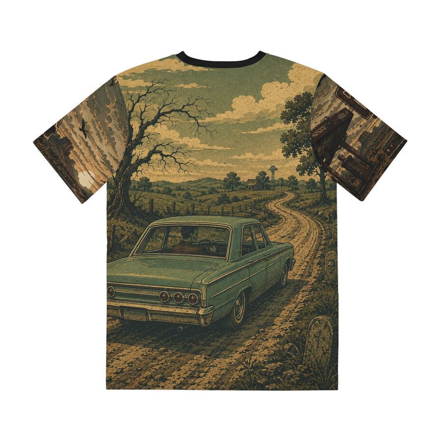 Zombie Road Trip Tee, back view: teal vintage sedan driving down a dirt road past a dead tree and gravestones