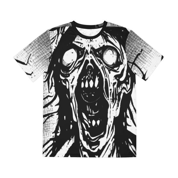 Zombie Scream Tee, front view: close up screaming zombie face with hollow white eyes and fanged mouth in halftone