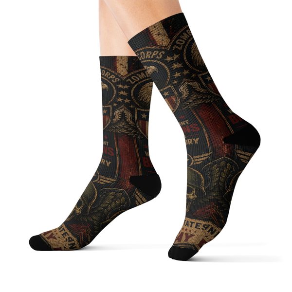 Zombie Uncle Sam Crew Socks, worn side view: Zombie Corps eagle badge and a winged skull over worn stars and stripes