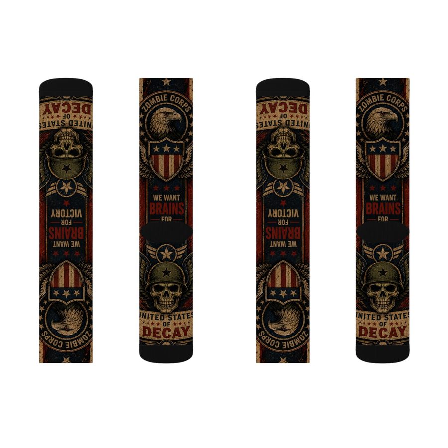 Zombie Uncle Sam Crew Socks, flat lay: front and back of both socks
