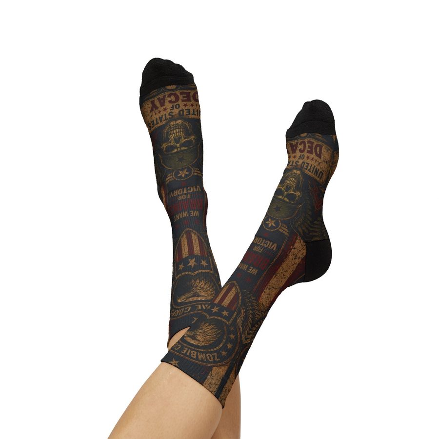 Zombie Uncle Sam Crew Socks, worn on a model, ankle view