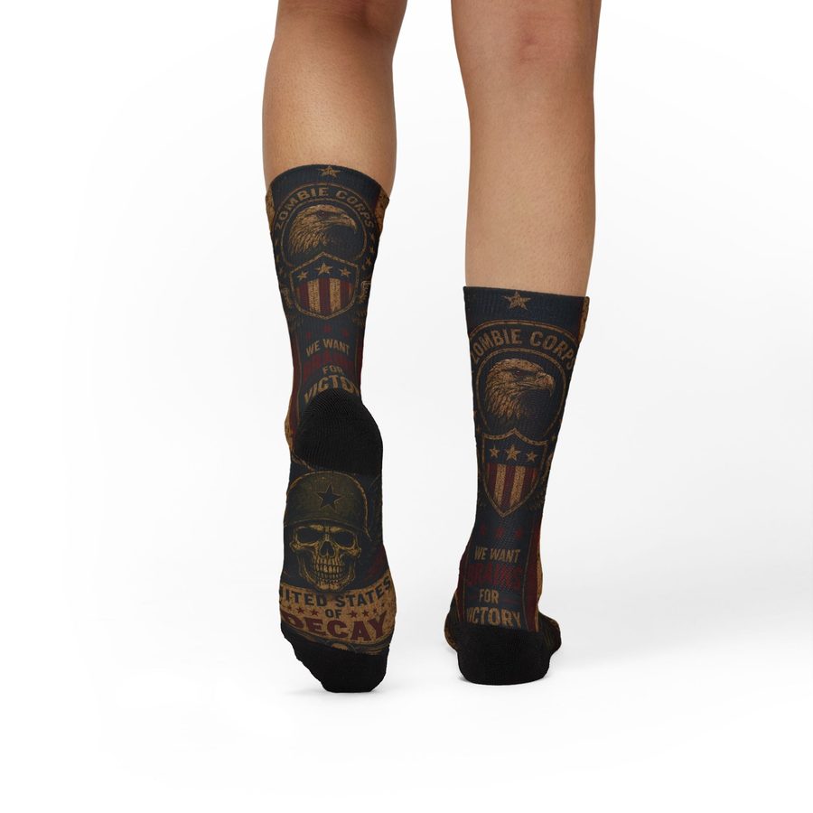 Zombie Uncle Sam Crew Socks, worn on a model, full leg view