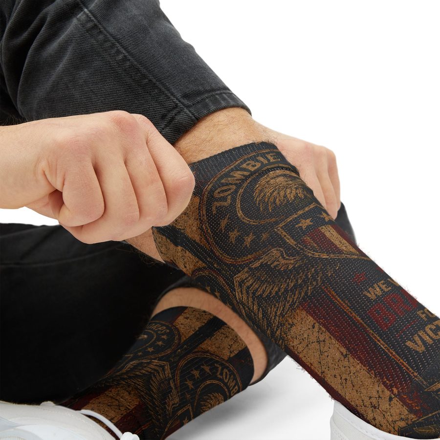 Zombie Uncle Sam Crew Socks, close up of hands pulling a sock on