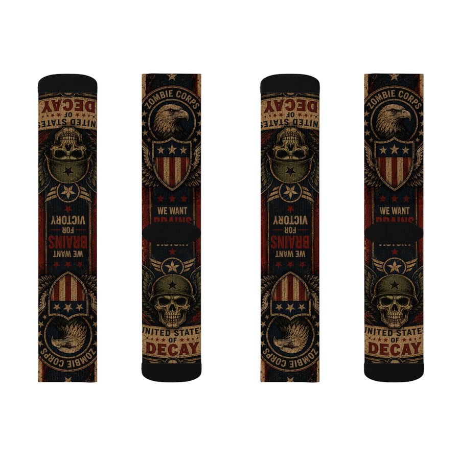 Zombie Uncle Sam Crew Socks, flat lay: front and back of both socks