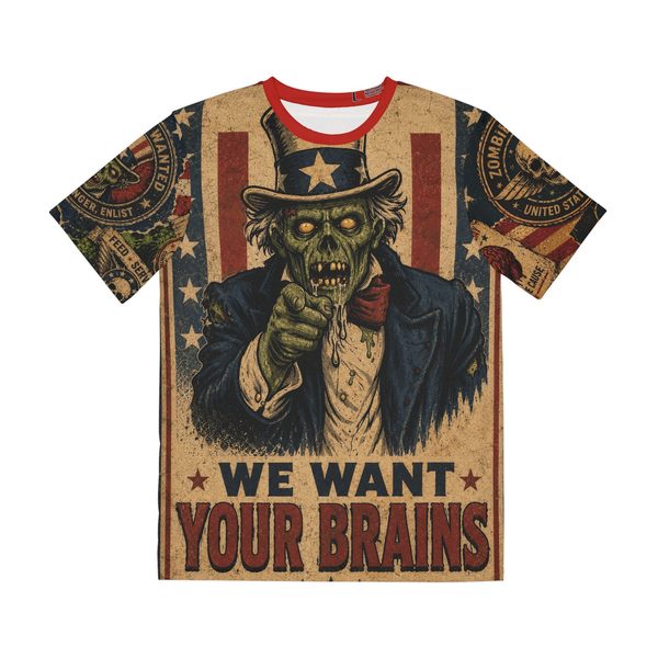 Zombie Uncle Sam Tee, front view: green zombie Uncle Sam pointing on a stars and stripes WE WANT YOUR BRAINS poster