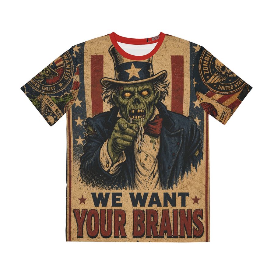 Zombie Uncle Sam Tee, front view: green zombie Uncle Sam pointing on a stars and stripes WE WANT YOUR BRAINS poster